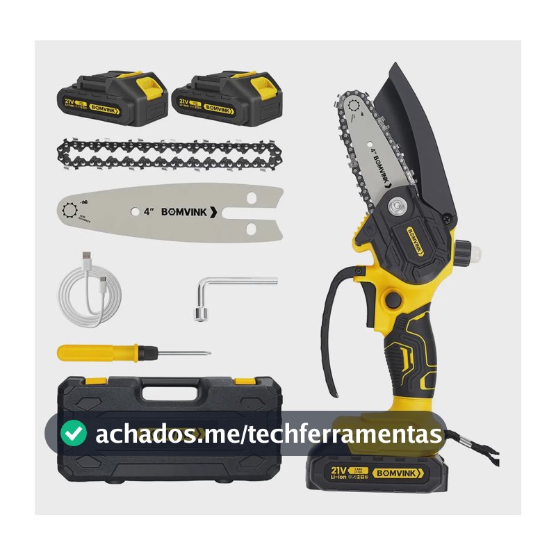 Mini Motosserra Elétrica Portátil Bomvink de 4" Com 2 Baterias e Maleta