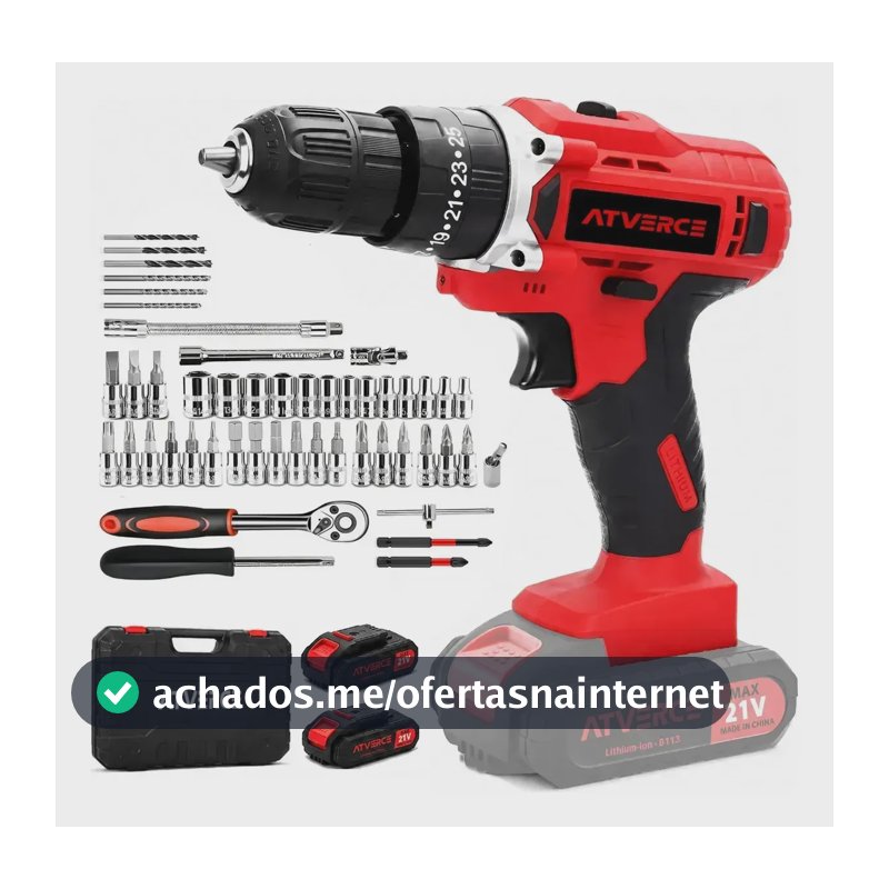 Parafusadeira Furadeira de Impacto Atverce, sem Fio, com 2 Baterias e Kit 46 Peças