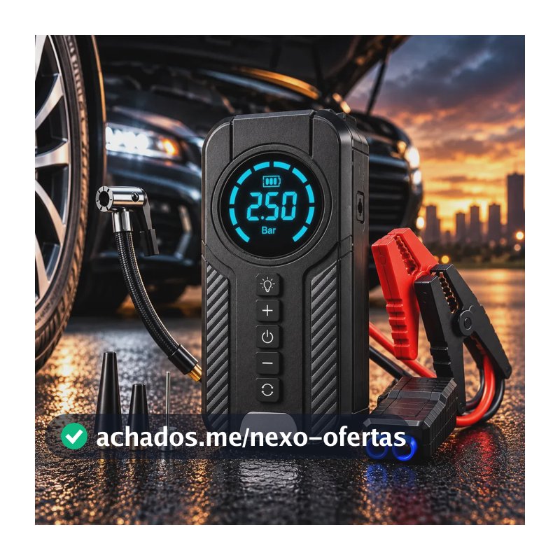 Auxiliar De Partida Bateria Carro Compressor De Ar Portátil 12V 4 funções em 1 Inflador Digital Calibrador Pneu Power Bank Lanterna LED Emergência Automotiva Moto SUV Bicicleta Caminhonete MidiaFone