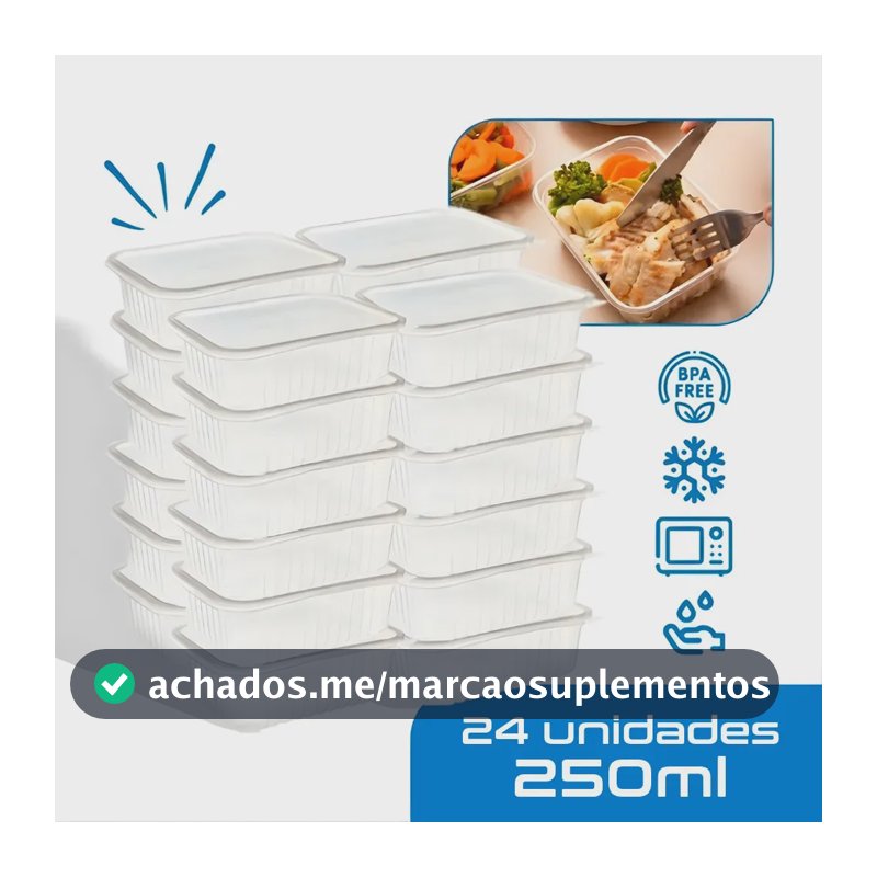 24 Marmitas 250ml Comida Fitness Pote Descartável Retangular Plástico Freezer Microondas Com Tampas - Montza