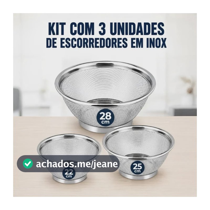 Kit C/ 3 Unidades Escorredor de Alimentos Arroz Macarrao Massa Peneira Inox Cozinha 22/25/28cm Boa Dica