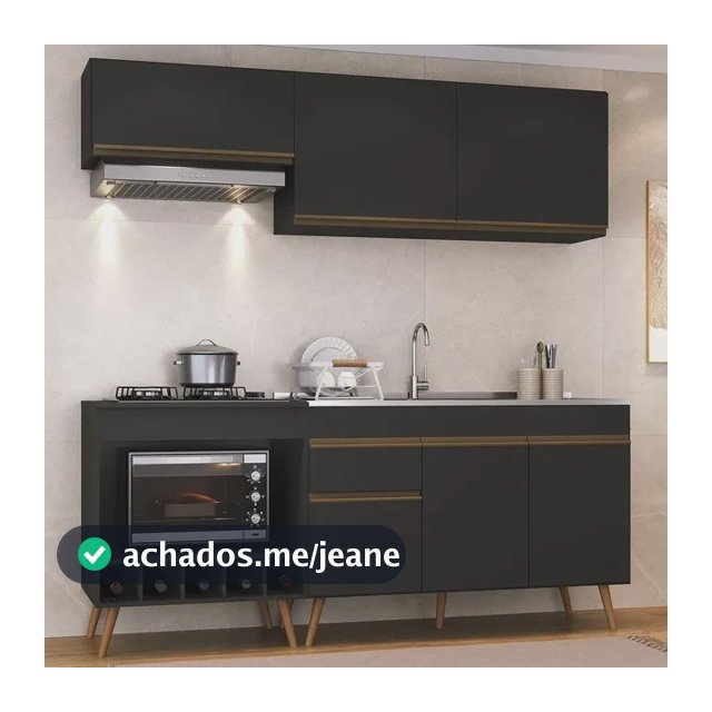 Armário Cozinha Modulada Compacta c/ Gabinete p/ Pia e Balcão p/ Cooktop Veneza Multimóveis MP3775 Preto/Dourado