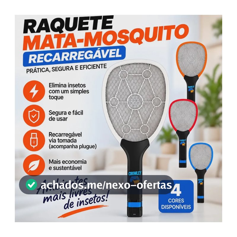 Raquete Elétrica Mata Mosquito Mosca Pernilongo Dengue Insetos Bateria Recarregavel Bivolt - Crowley