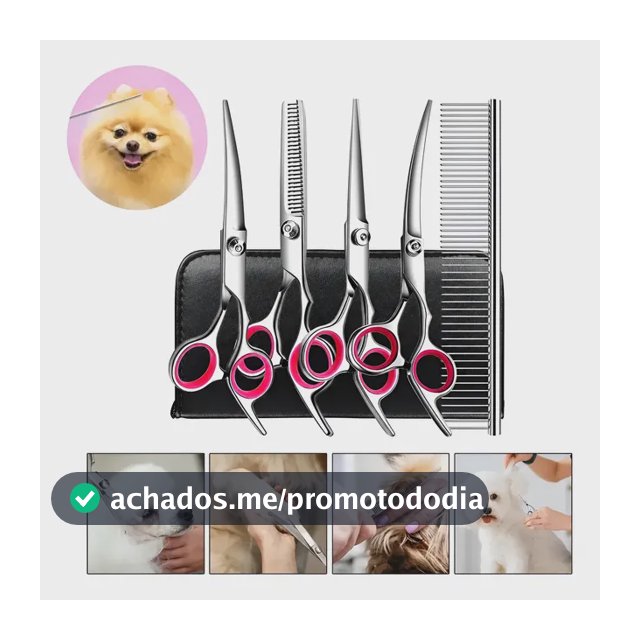 5 Tesoura Pet Cão Reta Curva Petshop Tosa Profissional Rosa
