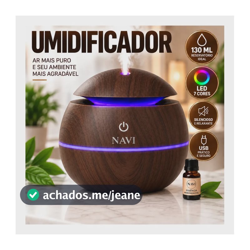 Umidificador de Ar Difusor de Aromas Ultrassônico LED 7 Cores Madeira Escura 130ml USB Silencioso Aromaterapia Essência Hidrossolúvel Umidificador de Ambiente Quarto Sala Escritório NAVI