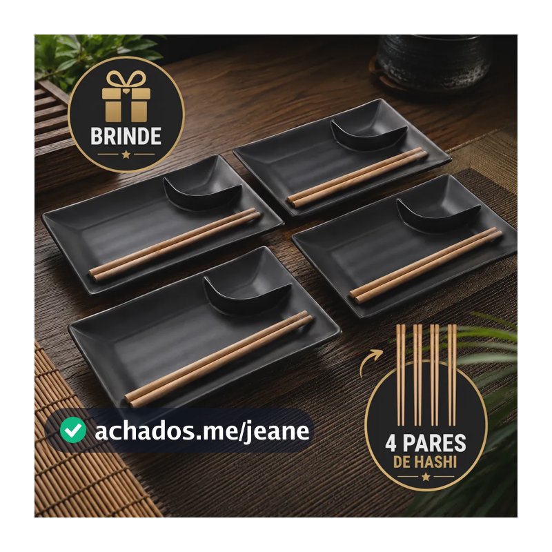 Kit 4 Pratos Sushi Molheira Melamina Retangular Brinde Hashi Preto