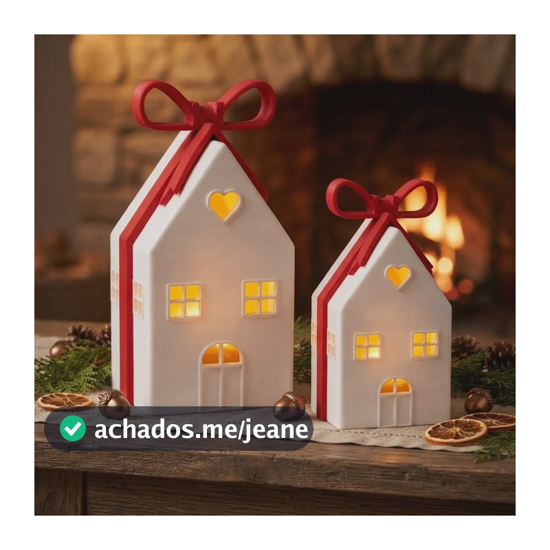 Kit Casinha Natalina Iluminada Com Laço | Enfeite De Natal Branco E Vermelho