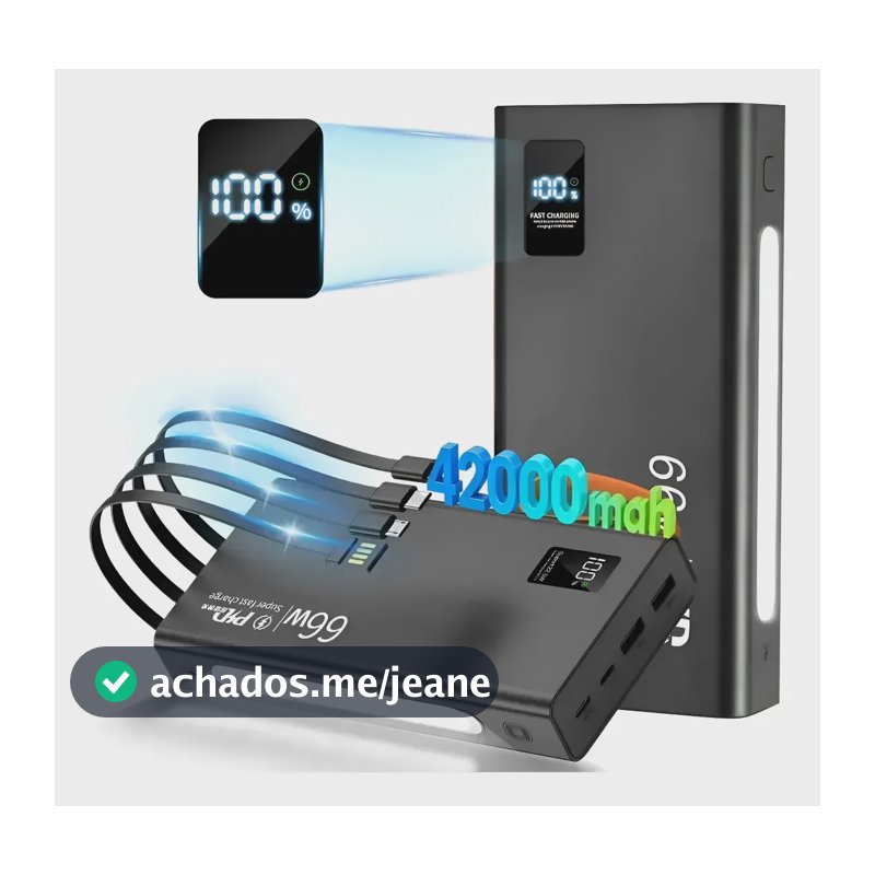 Power Bank 42000mah 66w Turbo Rápido Com 4 Cabos Preto