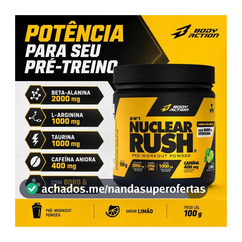 Pré Treino Nuclear Rush Bodyaction 100g Limão