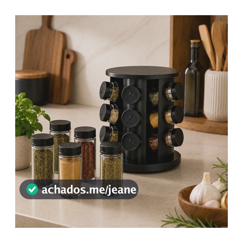 Porta Temperos Giratório 12 Potes De Vidro Condimentos Preto Preto