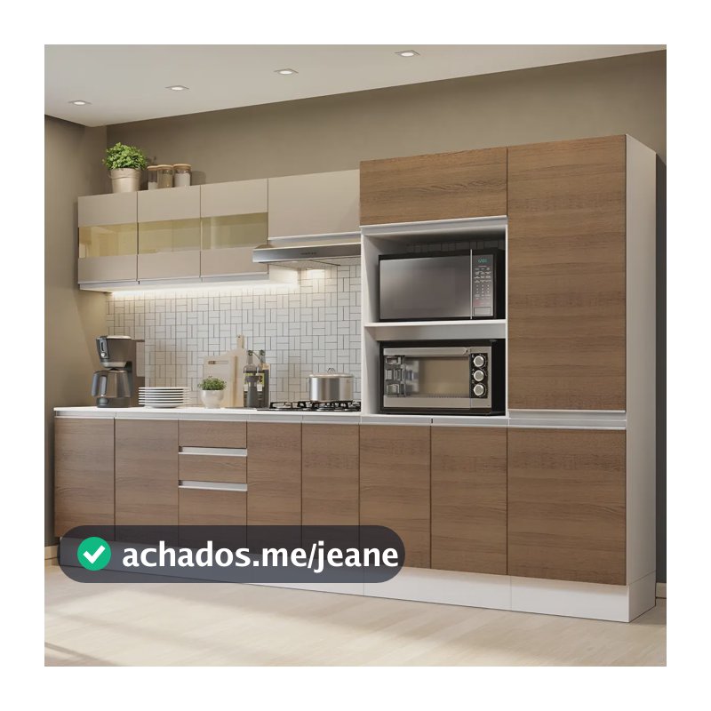 Armário De Cozinha Completa 100% Mdf 300cm Smart Madesa Br02 Cor Rustic/Branco/Crema
