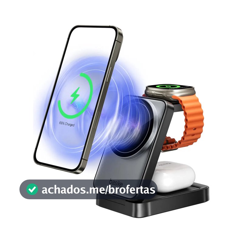 Carregador Sem Fio 3 em 1 de 15W para Celular, Smartwatch e Fones - Preto