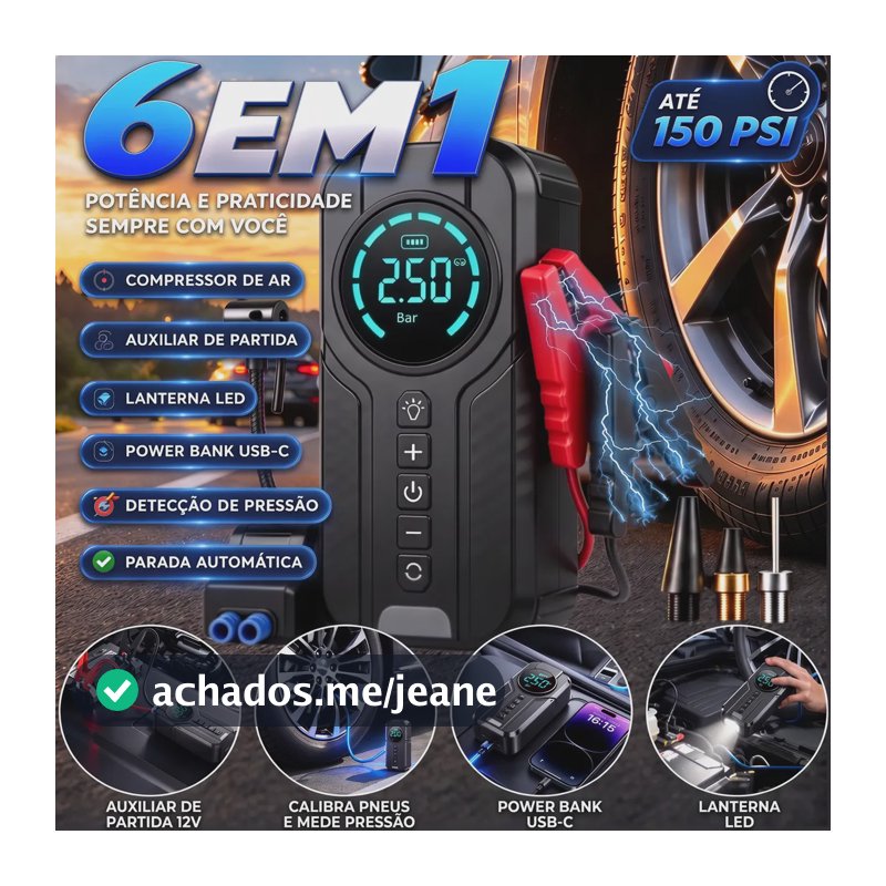 Auxiliar de Partida Compressor Portatil Carregador Bateria 12V Emergência Veicular Multigoods Carro Moto