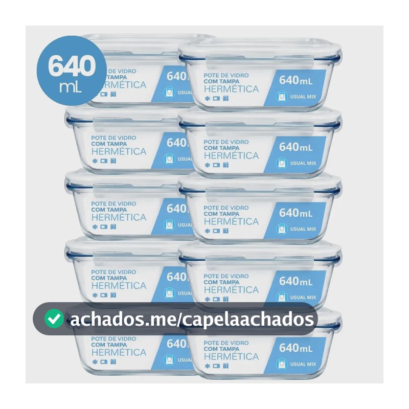 Kit 10 Pote Vidro Hermético Marmita 640ml Micro-ondas Freezer Forno Organização Geladeira