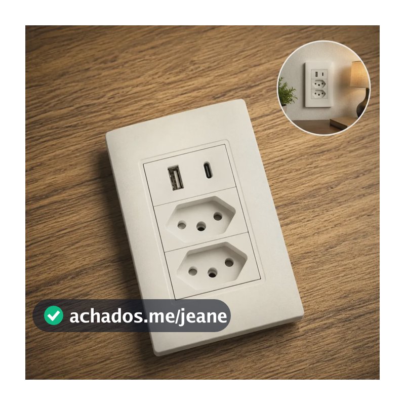 Tomada Dupla Usb Usbc Eletro Mex Espelho Parede Universal 10A Usb + USB-C 4x2 ABS Embutir Branco