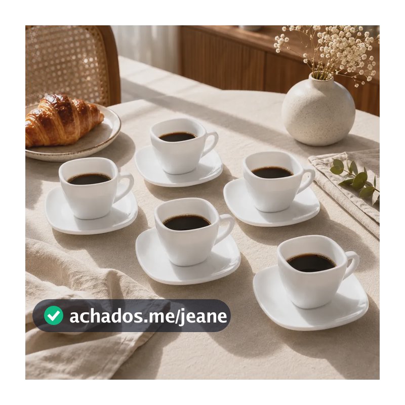 Jogo 6 Xícaras E Pires Quadrado Café Chá Opalina Branca 85ml Opalina Branca 85ml - Xícara E Pires Quadrados