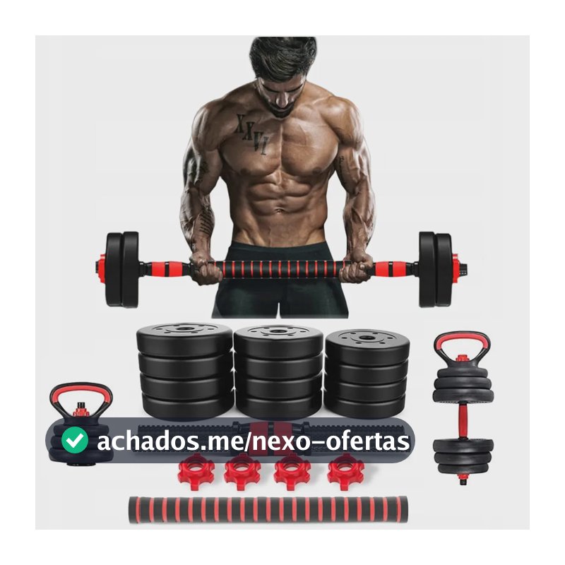 Kit Halteres Barra E Anilhas Musculação Kettlebell Ajustáveis Peso Academia 15kg