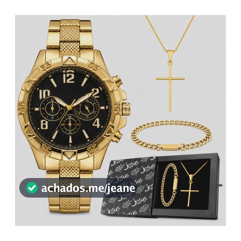 Relogio Banhado Masculino + Cordao Grumet + Caixa Pulseira Dourado Preto