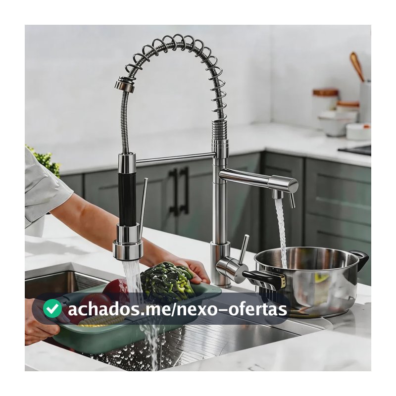 Torneira Cozinha Retrátil Dupla 360° Flexível Inox Premium Prateado