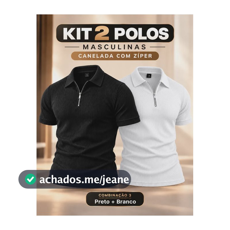 Kit 2 Camiseta Polo Manga Curta Com Ziper Masculina Canelada Preto/branco G Lisa