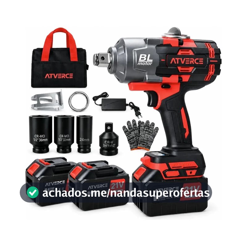 Chave de Impacto 3/4 Polegada 2100Nm Brushless a Bateria 21V Sem Fio com 2 Baterias Recarregáveis, Alto Torque para Caminhões, Pneus, Porcas e Manutenção Pesada