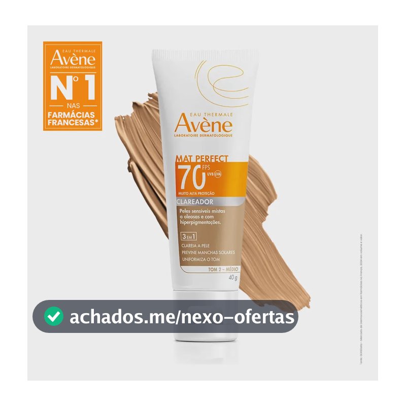 Protetor Solar Facial Com Cor Avène Mat Perfect Clareador FPS70 Tom Médio, 40g