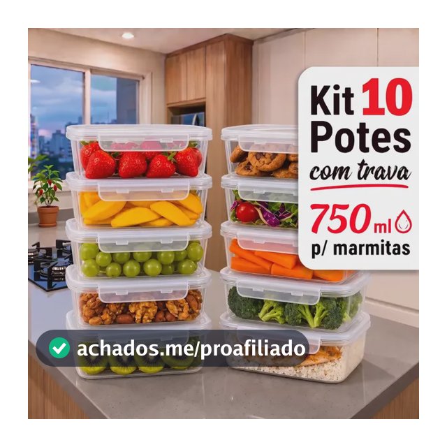 Kit 10 Potes 750ml Com Tampa Trava Plástico Transparente Para Mantimentos E Alimentos Marmita Organizador De Cozinha Geladeira E Freezer Jogo De Potes Para Organização Ponte Lar Utilidades