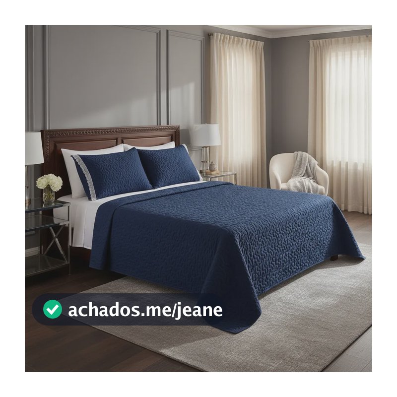 Kit Colcha Cobre Leito Cama Queen 3 Peças Luxo Toque Macio Azul-marinho