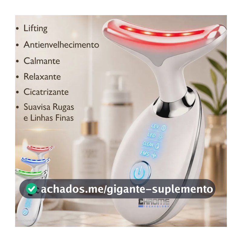 Massageador Facial LED Chrome Technology Para Pescoço e Rosto Com Vibração