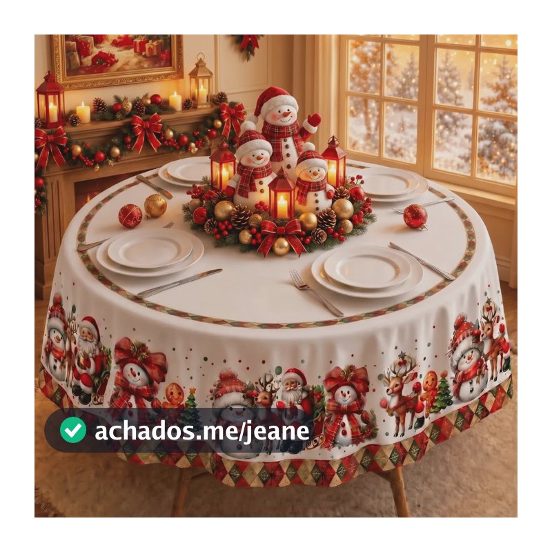 Toalha De Mesa Natalina 4 Lugares Redonda 150x150 Estampada Estampa Papai Noel Laço