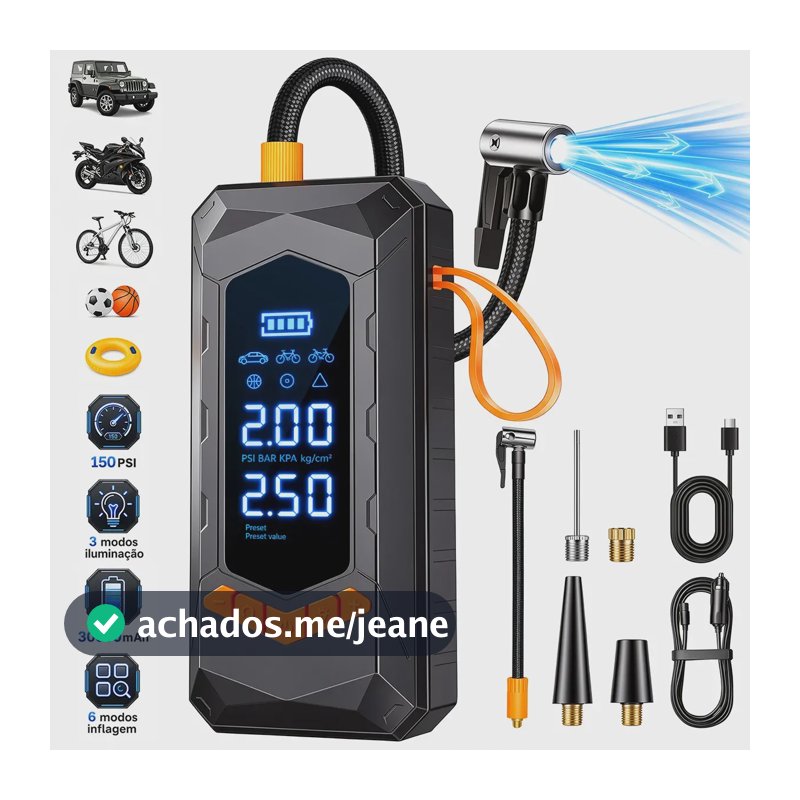 aweshine Compressor De Ar Portátil Digital 150PSI Com Calibrador De Pneus Portátil,6 Modos De Inflação Luz De Emergência 3 Modos Para Carro Moto Bicicleta