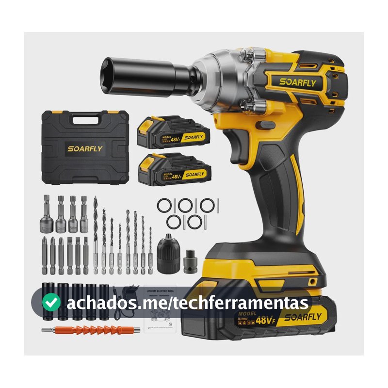 Chave De Impacto 800n.m 2 Bateria Sem Fio 48v Brushless Amarelo 127/220v 50/60hz