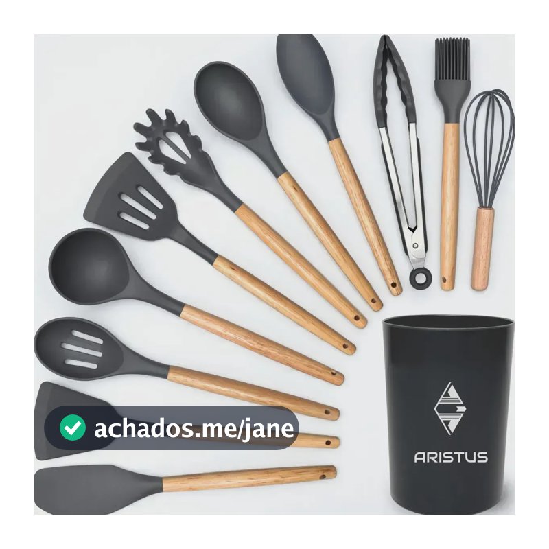 Kit 12 Utensílios De Silicone Com Cabo De Madeira - Marca Aristus Com Alta Resistência, Durável E Com Design Moderno, Perfeito Para Sua Cozinha Cor Cinza