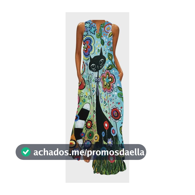 Vestido Longo de Verão para Mulher, Vestido Solto Sem Mangas, Estampa Clássica Divertida, Com Bolso, Vestido Longo Sem Mangas, Azul, Xxl