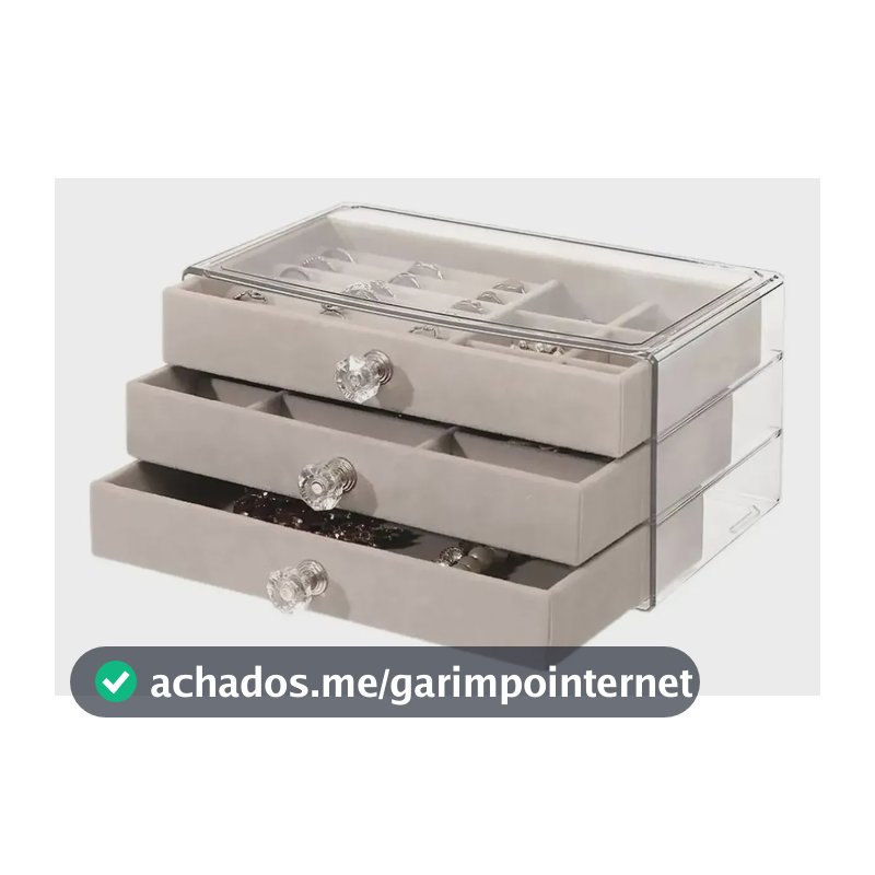 Porta Joias Veludo Com Acrílico 3 Camadas Gavetas Divisória Cinza