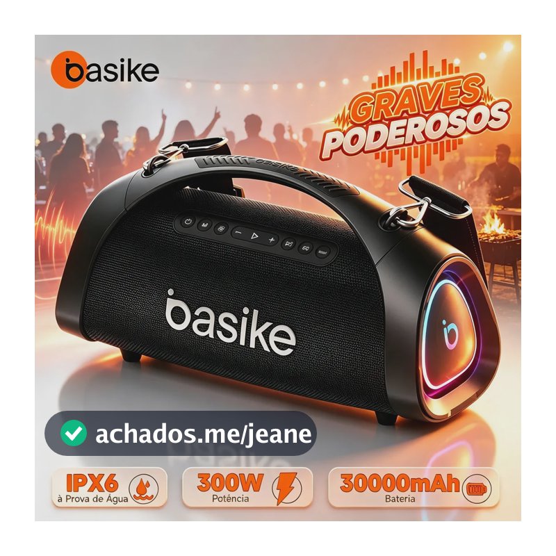 Caixa de Som Bluetooth Basike Boombox 300W RMS TWS com Subwoofer e RGB, IP67 à Prova de Poeira e IP67 à Prova de Água, Bateria 30000mAh (24h), Alça de Transporte, Ideal para Churrasco e Praia