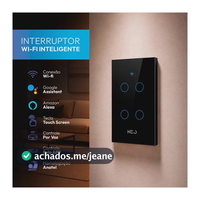 Interruptor Inteligente Smart Wi-fi 2.4 GHz Alexa google 4 Botões 4x2 Bivolt Preto Cod: 291990428 Neo Avant