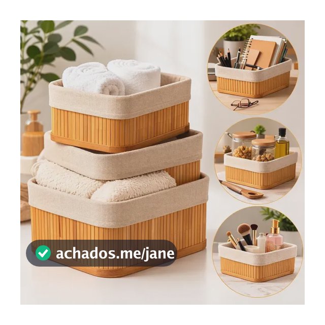 Kit 3 Cestos Organizadores de Bambu Retangulares com Forro Lavável Multiuso Organizar Casa Banheiro Cozinha Guarda-Roupa Lavanderia Armazenamento de Objetos - Nany Pink