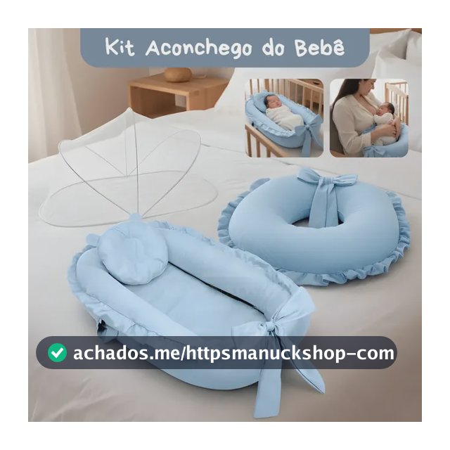 Kit Ninho Redutor e Almofada Amamentação e Mosquiteiro Bebê Maternidade Toque Macio Cor Azul Claro