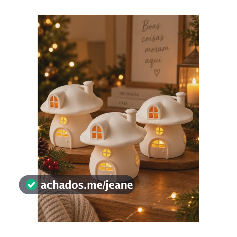 Decoração Natal Casinha Cogumelo Com Vela Led Natalino Branco