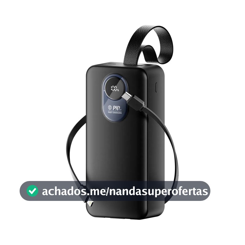 Power Bank Basike 30.000mAh Portátil, Carregamento Rápido 22.5W, com Cabos Embutidos e Display LED para iPhone e Samsung