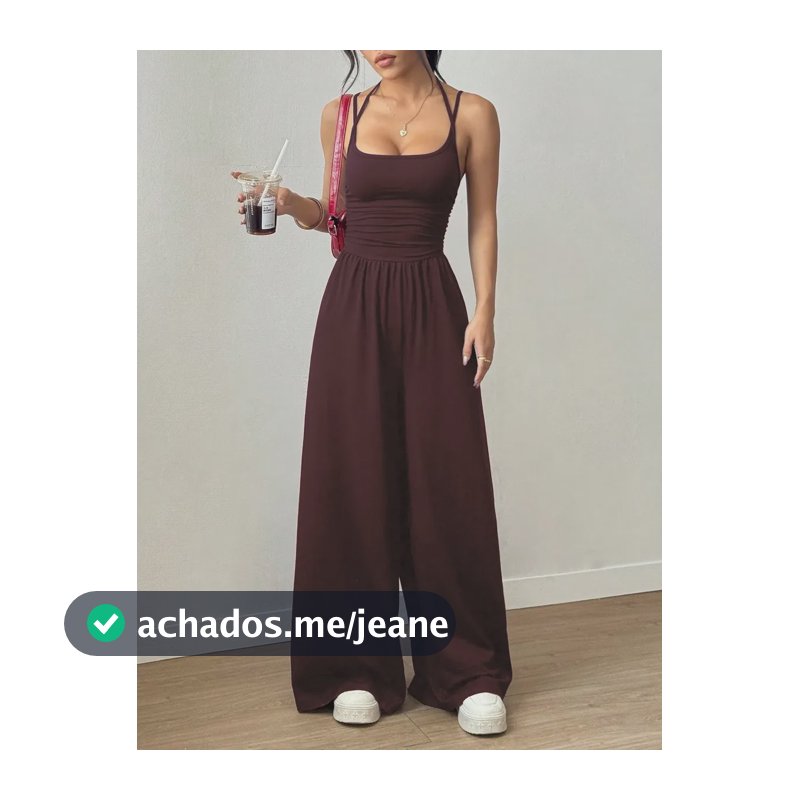 Macacão Longo Feminino Casual Pantalona Com Alça Fina Dupla Marrom Único