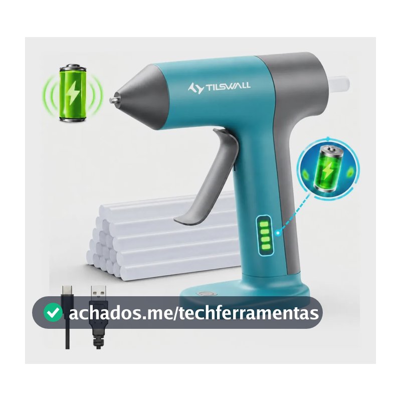 Tilswall Pistola de cola quente sem fio bateria 2000mAh, pré-aquecimento rápido 30s, desligamento automático 5min, bico anti-gotejamento. Acompanha 20 bastões de cola para artesanatos e reparos
