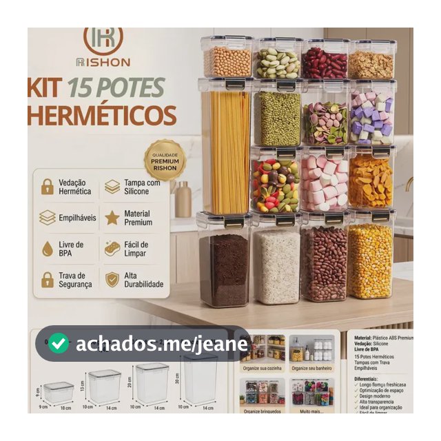 Kit 15 Potes Hermético Cadencia Mantimentos Retangular Cozinha Branco Rishon 22,4 Litros