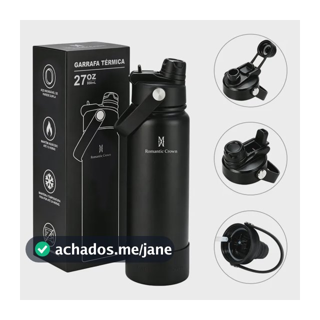 Garrafa Térmica 800ml Inox Bico Duplo Canudo Alça Esporte Preto