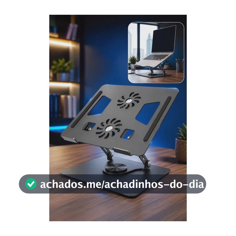 Suporte mesa pra Notebook Ajustável 360° com Cooler 2 Ventoinhas Base Ergonômica em Alumínio Refrigerada Ventilada Universal para Laptop MacBook Gamer Home Office VLX