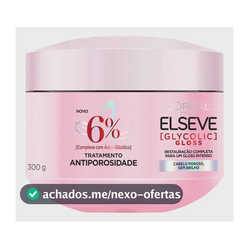 L'Oréal Paris Elseve Glycolic Gloss Máscara Capilar Antiporosidade, com Ácido Glicólico, Sela a Cutícula, Garante 3X Mais Brilho Espelhado e Maciez Intensa, 300g