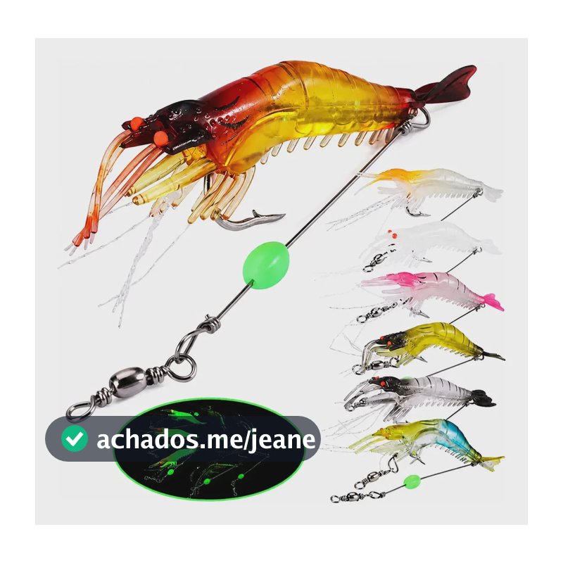 Kit 7 Isca Camarão Anzol Artificial Pesca Luminosa Silicone 7 Camarão
