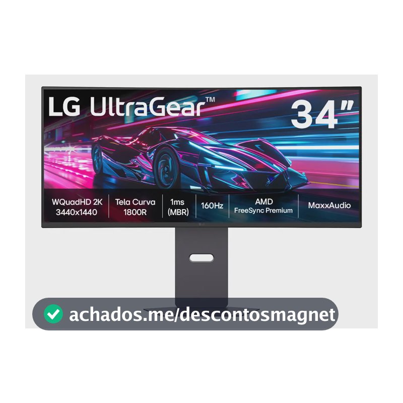 Monitor Gamer LG UltraGear Curvo 34"- QuadHD 2K, UltraWide 1800R, 160Hz, 1ms (MBR), AMD FreeSync Premium, HDR10, MaxxAudio, Preto -34G600A