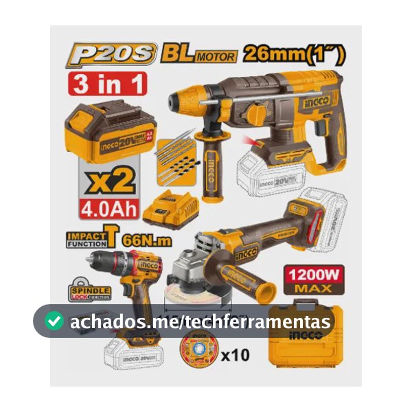 Kit Ingco 20v 3 Em 1 Martelete Parafusadeira Esmerilhadeira